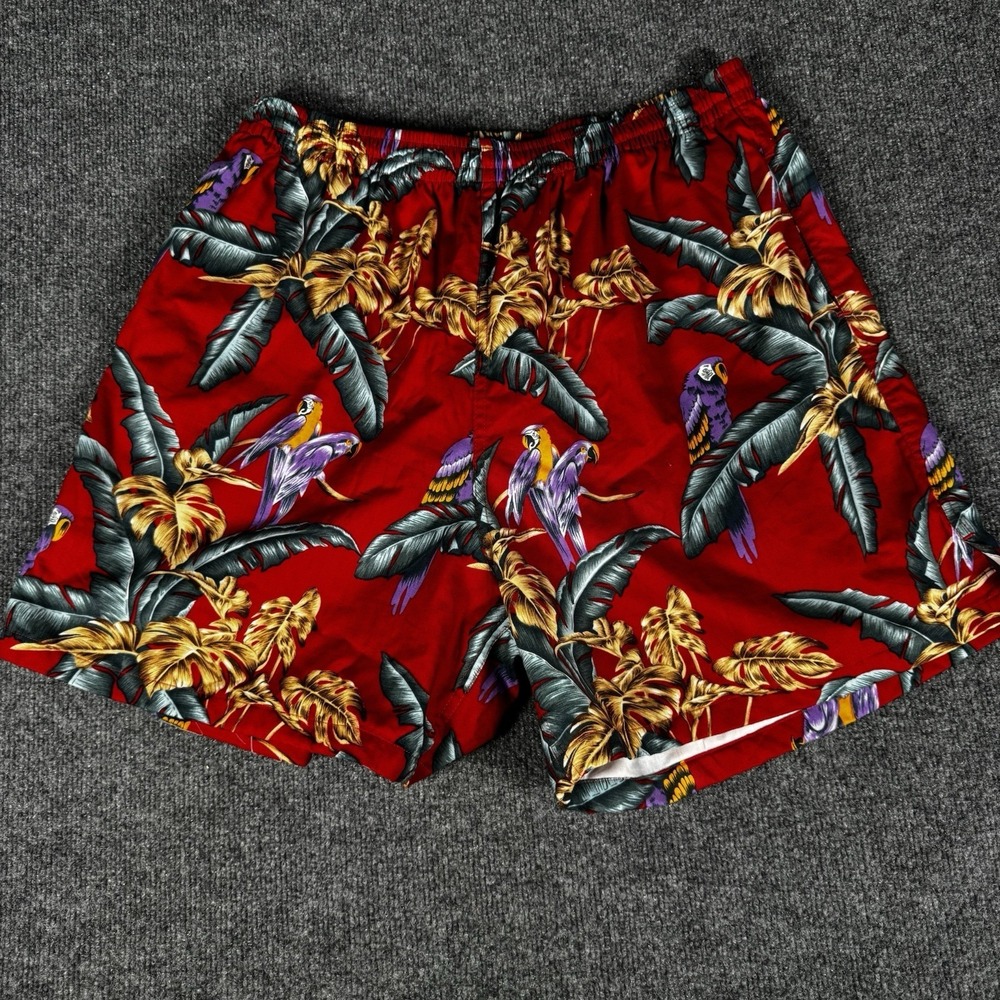 Vintage Paradise Found Big Parrot Tropical Print Swim Trunks 2XL Magnum PI Rare